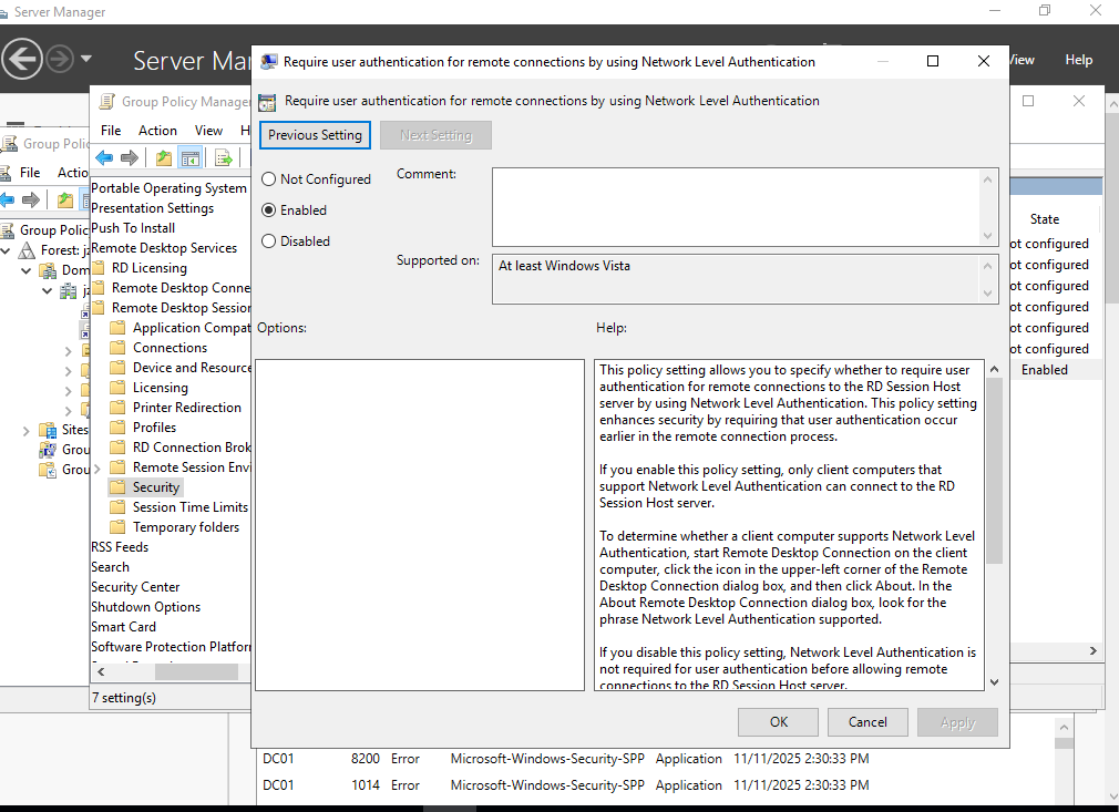 Enabling Network Level Authentication for RDP