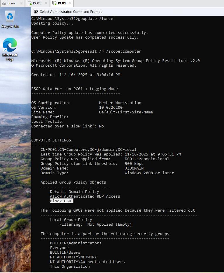 Verification of USB GPO using gpresult